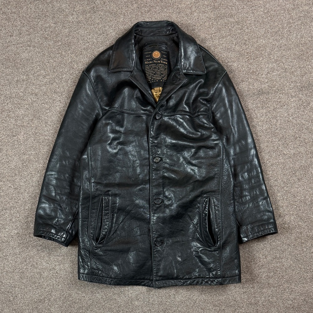 Marc New‎ York Black Genuine Leather Jacket Men’s Large Button Front Heavyweight